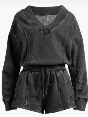 Free People Intercept Romper Sweatshirt Large NWOT Charcoal Gray Black V Neck